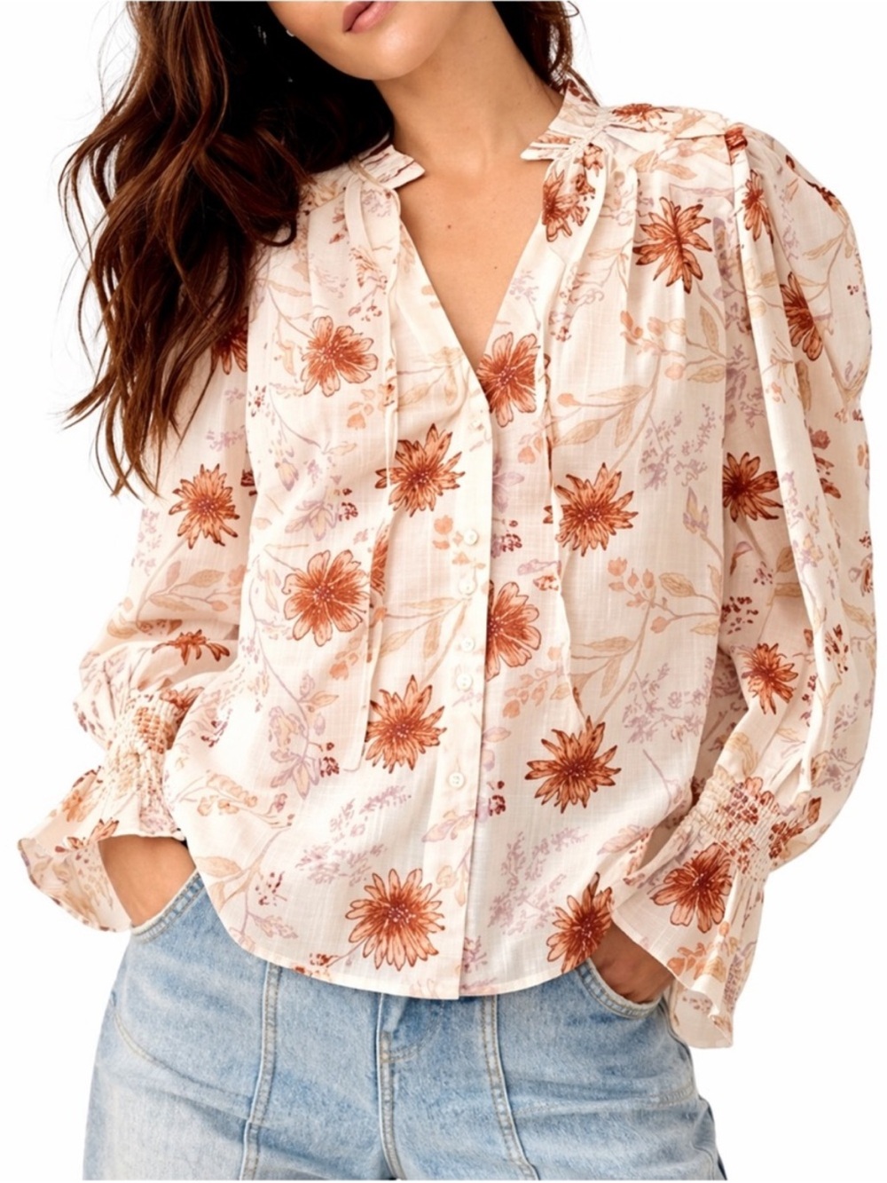 Free People Meant to Be Floral Blouse Tie-Neck Puff Sleeve XS Victorian Boho